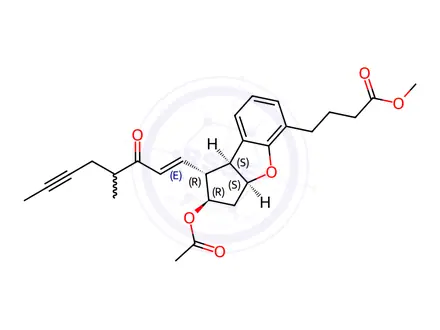 Chemical structure of methyl 4-((1R,2R,3aS,8bS)-2-acetoxy-1-((E)-4-methyl-3-oxooct-1-en-6-yn-1-yl)-2,3,3a,8b-tetrahydro-1H-cyclopenta[b]benzofuran-5-yl)butanoate