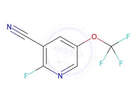 Chemical structure of 2-fluoro-5-(trifluoromethoxy)pyridine-3-carbonitril e