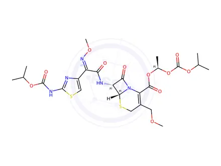 Chemical structure of (6R,7R)-(R)-1-((isopropoxycarbonyl)oxy)ethyl 7-((Z)-2-(2-((isopropoxycarbonyl)amino)thiazol-4-yl)-2-(methoxyimino)acetamido)-3-(methoxymethyl)-8-oxo-5-thia-1-azabicyclo[4.2.0]oct-2-ene-2-carboxylate