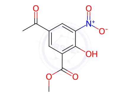 Chemical structure of Benzoic acid, 5-acetyl-2-hydroxy-3-nitro-, methyl ester