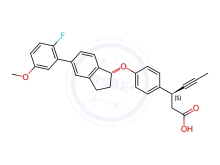 Chemical structure of (3S)-3-(4-((5-(2-fluoro-5-methoxyphenyl)-2,3-dihydro-1H-inden-1-yl)oxy)phenyl)hex-4-ynoic acid