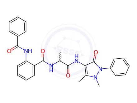 Chemical structure of Benzamide, 2-(benzoylamino)-N-[2-[(2,3-dihydro-1,5-dimethyl-3-oxo-2-phenyl-1H-pyrazol-4-yl)amino]-1-methyl-2-oxoethyl]-(9CI)