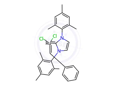 Chemical structure of RutheniuM, dichloro[1,3-dihydro-1,3-bis(2,4,6-triMethylphenyl)-2H-iMidazol-2-ylidene](phenylMethylene)(tricyclohexylphosphine)-, (SP-5-41)-