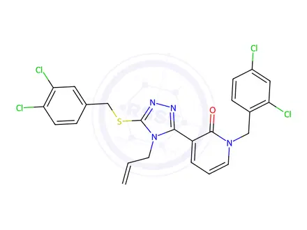 Chemical structure of 1-[(2,4-Dichlorophenyl)methyl]-3-(5-{[(3,4-dichlorophenyl)methyl]sulfanyl}-4-(prop-2-en-1-yl)-4H-1,2,4-triazol-3-yl)-1,2-dihydropyridin-2-one