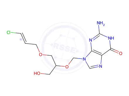 Chemical structure of (E)-2-amino-9-(((1-((3-chloroallyl)oxy)-3-hydroxypropan-2-yl)oxy)methyl)-1H-purin-6(9H)-one