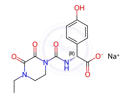 Chemical structure of (R)-2-(4-Ethyl-2,3-Dioxopiperazine-1-Carboxamido)-2-(4-Hydroxyphenyl)acetic Acid, Sodium salt