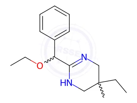 Chemical structure of 3,4,5,6-Tetrahydro-2-(α-ethoxybenzyl)-5-ethyl-5-methylpyrimidine