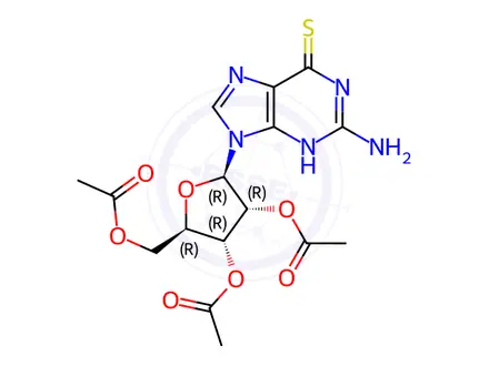 Chemical structure of 2-Amino-6-mercaptopurine-9-(2’,3’,5’-tri-O-acetyl-β-ribofuranosyl)purine