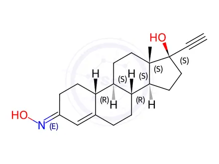 Chemical structure of (8R,9S,10R,13S,14S,17R,E)-17-ethynyl-17-hydroxy-13-methyl-1,2,6,7,8,9,10,11,12,13,14,15,16,17-tetradecahydro-3H-cyclopenta[a]phenanthren-3-one oxime