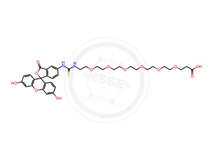 Chemical structure of 1-((3',6'-Dihydroxy-3-oxo-3H-spiro[isobenzofuran-1,9'-xanthen]-5-yl)amino)-1-thioxo-5,8,11,14,17,20-hexaoxa-2-azatricosan-23-oic acid