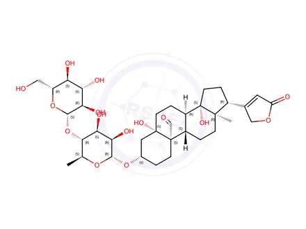 Chemical structure of (3beta,5beta)-3-[(6-deoxy-4-O-beta-D-glucopyranosyl-alpha-L-mannopyranosyl)oxy]-5,14-dihydroxy-19-oxocard-20(22)-enolide