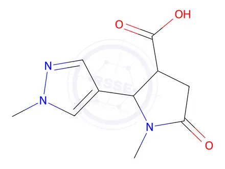 Chemical structure of 1-methyl-2-(1-methyl-1H-pyrazol-4-yl)-5-oxopyrrolidine-3-carboxylic acid