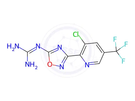 Chemical structure of N-{3-[3-chloro-5-(trifluoromethyl)pyridin-2-yl]-1,2,4-oxadiazol-5-yl}guanidine