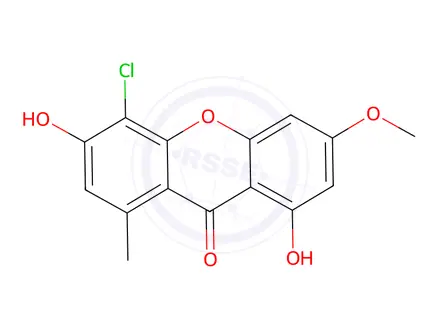 Chemical structure of 4-chloro-3,8-dihydroxy-6-methoxy-1-methyl-xanthen-9-one