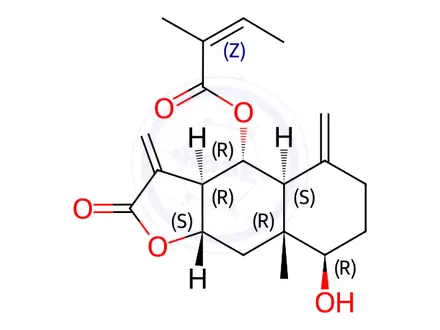 Chemical structure of (Z)-2-Methyl-2-butenoic acid [(3aR,4aα,9aβ)-dodecahydro-2-oxo-3,5-bis(methylene)-8aβ-methyl-8β-hydroxynaphtho[2,3-b]furan]-4α-yl ester