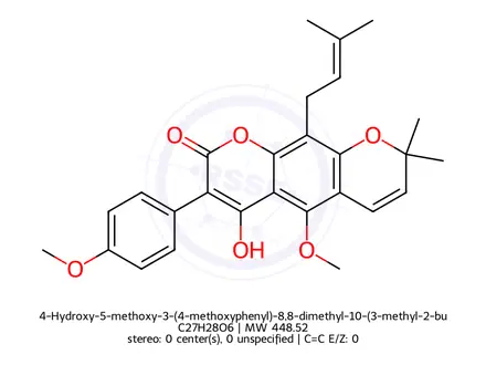 Chemical structure of 4-Hydroxy-5-methoxy-3-(4-methoxyphenyl)-8,8-dimethyl-10-(3-methyl-2-butenyl)-2H,8H-benzo[1,2-b:5,4-b']dipyran-2-one