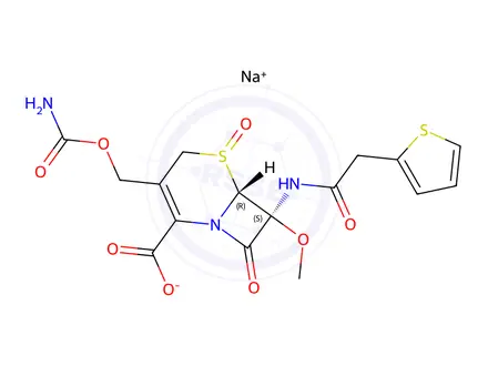 Chemical structure of sodium (6R,7S)-3-((carbamoyloxy)methyl)-7-methoxy-8-oxo-7-(2-(thiophen-2-yl)acetamido)-5-thia-1-azabicyclo[4.2.0]oct-2-ene-2-carboxylate 5-oxide