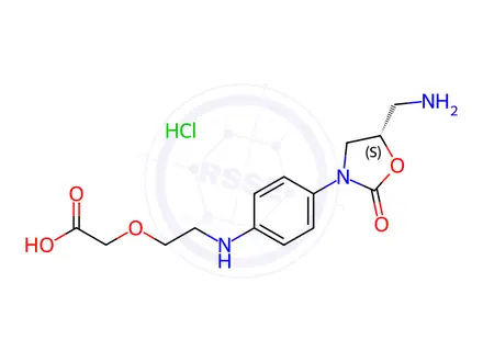 Chemical structure of (S)-2-(2-((4-(5-(Aminomethyl)-2-oxooxazolidin-3-yl)phenyl)amino)ethoxy)acetic Acid Hydrochloride