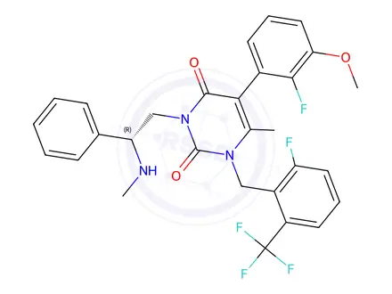 Chemical structure of (R)-5-(2-Fluoro-3-methoxyphenyl)-1-(2-fluoro-6-(trifluoromethyl)benzyl)-6-methyl-3-(2-(methylamino)-2-phenylethyl)pyrimidine-2,4(1H,3H)-dione