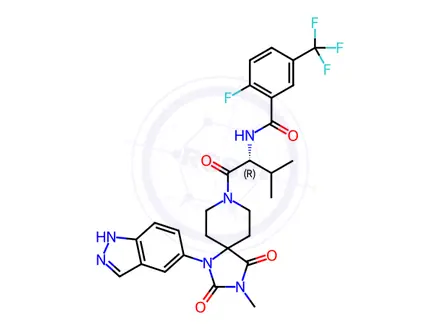 Chemical structure of Benzamide, 2-fluoro-N-[(1R)-1-[[1-(1H-indazol-5-yl)-3-methyl-2,4-dioxo-1,3,8-triazaspiro[4.5]dec-8-yl]carbonyl]-2-methylpropyl]-5-(trifluoromethyl)-