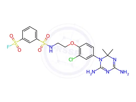 Chemical structure of 3-(N-(2-(2-Chloro-4-(4,6-diamino-2,2-dimethyl-1,3,5-triazin-1(2H)-yl)phenoxy)ethyl)sulfamoyl)benzene-1-sulfonyl fluoride