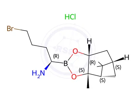Chemical structure of (R)-4-Bromo-1-((3aS,4S,6S,7aR)-3a,5,5-trimethylhexahydro-4,6-methanobenzo[d][1,3,2]dioxaborol-2-yl)butan-1-amine hydrochloride