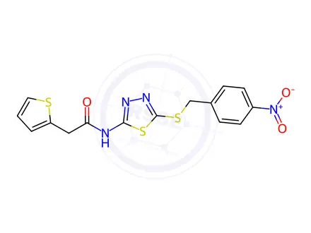 Chemical structure of N-(5-((4-Nitrobenzyl)thio)-1,3,4-thiadiazol-2-yl)-2-(thiophen-2-yl)acetamide