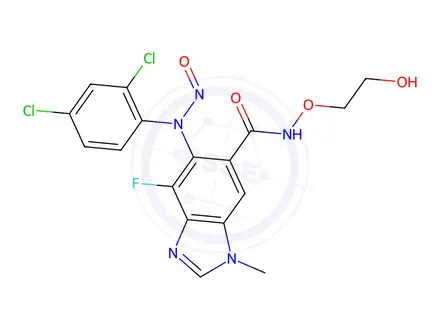 Chemical structure of 5-((2,4-dichlorophenyl)(nitroso)amino)-4-fluoro-N-(2-hydroxyethoxy)-1-methyl-1H-benzo[d]imidazole-6-carboxamide
