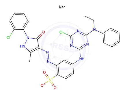 Chemical structure of Benzenesulfonic acid, 4-4-chloro-6-(ethylphenylamino)-1,3,5-triazin-2-ylamino-2-1-(2-chlorophenyl)-4,5-dihydro-3-methyl-5-oxo-1H-pyrazol-4-ylazo-, monosodium salt
