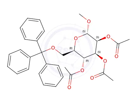 Chemical structure of Methyl 2,3,4-tri-O-acetyl-6-O-trityl-a-D-mannopyranoside