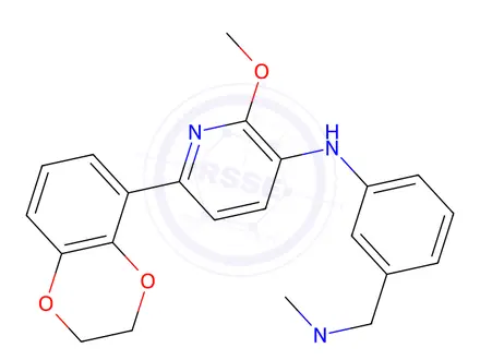 Chemical structure of 6-(2,3-dihydro-1,4-benzodioxin-5-yl)-N-[3-[(dimethylamino)methyl]phenyl]-2-methoxy-pyridin-3-amine