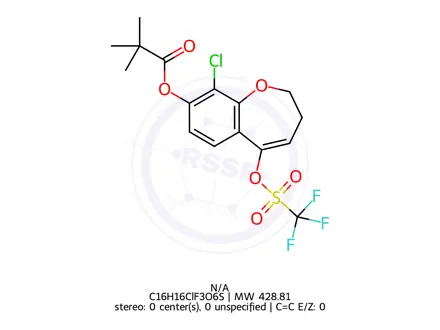 Chemical structure of 9-chloro-5-(((trifluoromethyl)sulfonyl)oxy)-2,3-dihydrobenzo[b]oxepin-8-yl pivalate