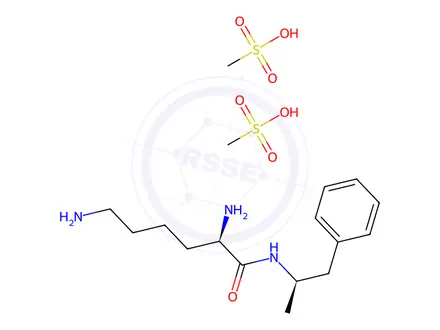 Chemical structure of Hexanamide, 2,6-diamino-N-[(1R)-1-methyl-2-phenylethyl]-, (2R)-, methanesulfonate