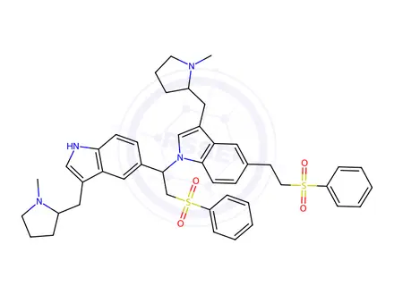 Chemical structure of 3-((1-Methylpyrrolidin-2-yl)methyl)-1-(1-(3-((1-methylpyrrolidin-2-yl)methyl)-1H-indol-5-yl)-2-(phenylsulfonyl)ethyl)-5-(2-(phenylsulfonyl)ethyl)-1H-indole