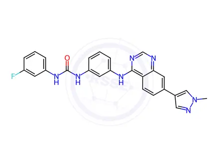 Chemical structure of 1-(3-Fluorophenyl)-3-(3-((7-(1-methyl-1H-pyrazol-4-yl)quinazolin-4-yl)amino)phenyl)urea