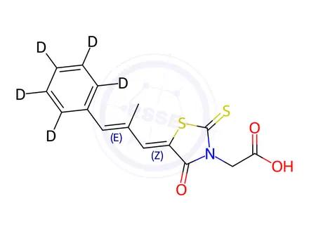 Chemical structure of 2-((Z)-5-((E)-2-methyl-3-(phenyl-d5)allylidene)-4-oxo-2-thioxothiazolidin-3-yl)acetic acid