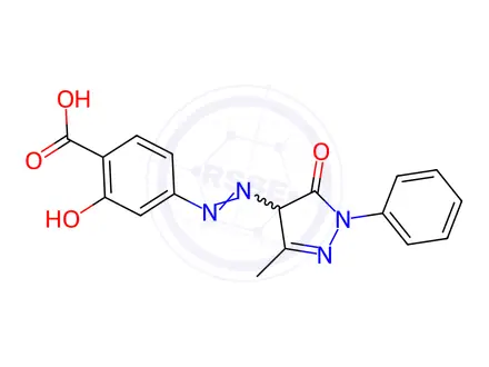 Chemical structure of 4-[(3-Methyl-5-oxo-1-phenyl-2-pyrazolin-4-yl)azo]salicylic acid
