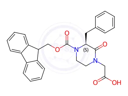 Chemical structure of 2-[(3S)-3-benzyl-4-(9H-fluoren-9-ylmethoxycarbonyl)-2-oxopiperazin-1-yl]acetic acid