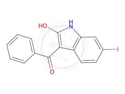 Chemical structure of (E)-3-(hydroxy(phenyl)methylene)-6-iodoindolin-2-one