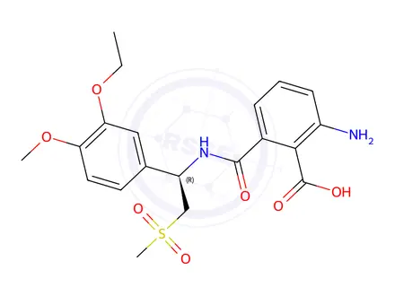 Chemical structure of (R)-2-amino-6-((1-(3-ethoxy-4-methoxyphenyl)-2-(methylsulfonyl)ethyl)carbamoyl)benzoic acid