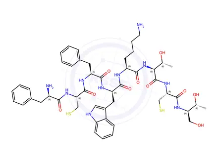 Chemical structure of (S)-6-Amino-2-((R)-2-((S)-2-((R)-2-((R)-2-amino-3-phenylpropanamido)-3-mercaptopropanamido)-3-phenylpropanamido)-3-(1H-indol-3-yl)propanamido)-N-((2S,3R)-1-(((R)-1-(((2R,3R)-1,3-dihydroxybutan-2-yl)amino)-3-mercapto-1-oxopropan-2-yl)amino)-3-hydroxy-1-oxobutan-2-yl)hexanamide