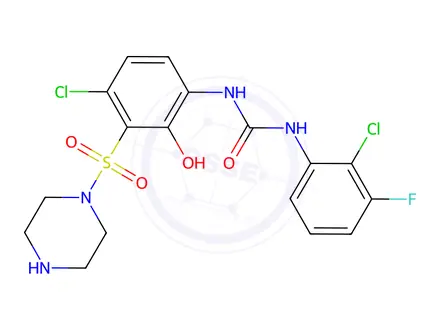 Chemical structure of N-[4-Chloro-2-hydroxy-3-[(piperazin-1-yl)sulfonyl]phenyl]-N'-(2-chloro-3-fluorophenyl)urea p-toluene