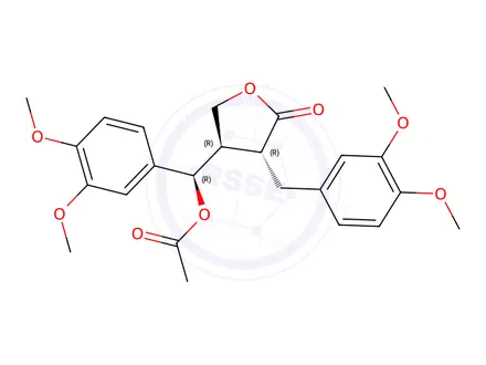 Chemical structure of 2(3H)-Furanone, 4-[(acetyloxy)(3,4-dimethoxyphenyl)methyl]-3-[(3,4-dimethoxyphenyl)methyl]dihydro-, [3R-[3α,4β(R*)]]-