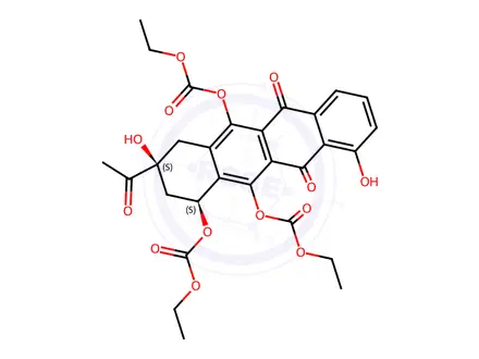 Chemical structure of 6,10,11-Triethylcarbonate-1-demethyl Daunomycinone