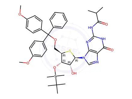 Chemical structure of Guanosine, 5'-?O-?[bis(4-?methoxyphenyl)?phenylmethyl]?-?3'-?O-?[(1,?1-?dimethylethyl)?dimethylsilyl]?-?N-?(2-?methyl-?1-?oxopropyl)?-?4'-?thio-