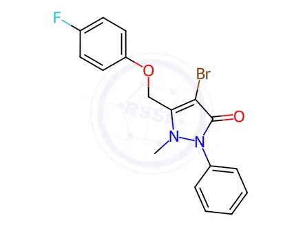 Chemical structure of 4-Bromo-5-((4-fluorophenoxy)methyl)-1-methyl-2-phenyl-1,2-dihydro-3H-pyrazol-3-one