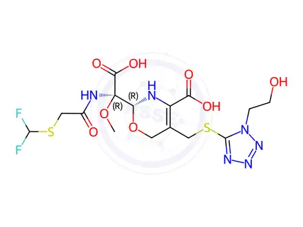Chemical structure of (R)-2-((R)-Carboxy(2-((difluoromethyl)thio)acetamido)(methoxy)methyl)-5-(((1-(2-hydroxyethyl)-1H-tetrazol-5-yl)thio)methyl)-3,6-dihydro-2H-1,3-oxazine-4-carboxylic Acid