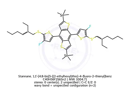 Chemical structure of Stannane, 1,1'-[4,8-bis[5-[(2-ethylhexyl)thio]-4-fluoro-2-thienyl]benzo[1,2-b:4,5-b']dithiophene-2,6-diyl]bis[1,1,1-trimethyl-