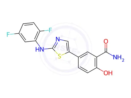 Chemical structure of Benzamide, 5-[2-[(2,5-difluorophenyl)amino]-5-thiazolyl]-2-hydroxy-