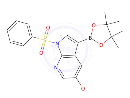 Chemical structure of 5-Methoxy-1-(phenylsulfonyl)-3-(4,4,5,5-tetramethyl-1,3,2-dioxaborolan-2-yl)-1H-pyrrolo[2,3-b]pyridine